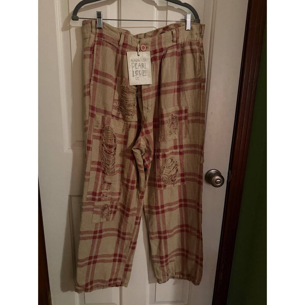 Magnolia Pearl Love Co Linen Plaid Distressed Wide Leg Pants Red Tan NWT Boho